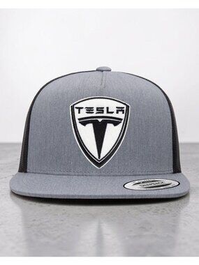 Tesla White YP Flat Bill Trucker Hat Mesh Back Snapback grey/black